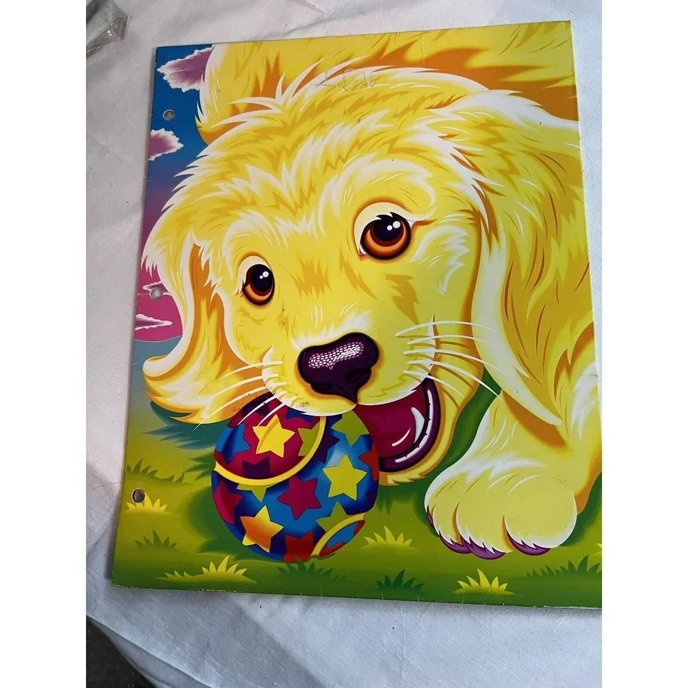Vintage Lisa Frank‎ Bifold 3 Hole Pocket Folder Golden Lab Puppy With Ball
